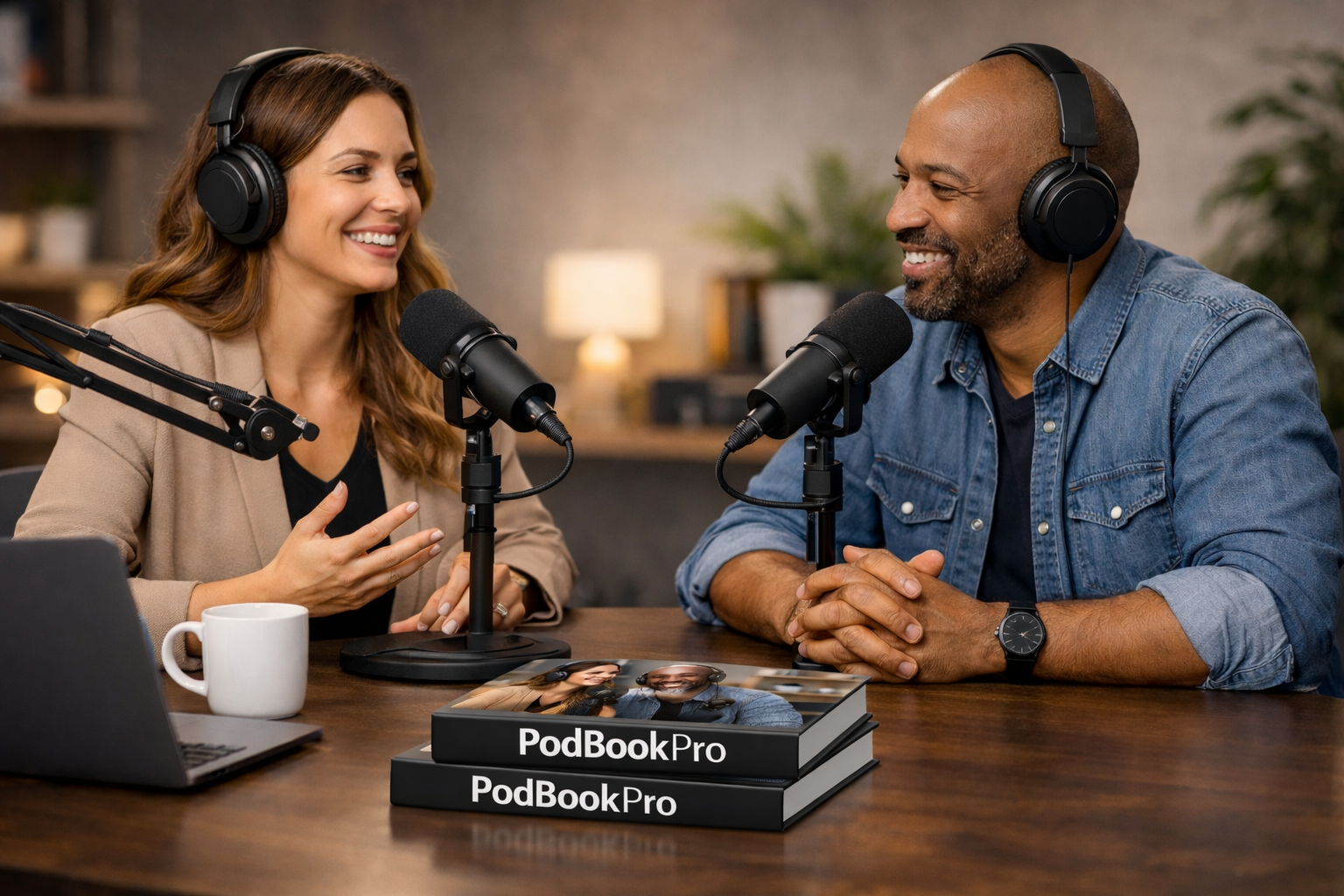 Twee podcastmakers in gesprek met microfoons en PodBookPro-boekvoorbeelden